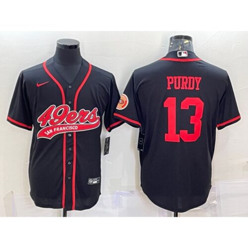 6861b00563928_1 Men's San Francisco 49ers #13 Brock Purdy Black With Patch Cool Base Stitched Baseball Jersey