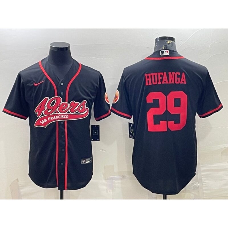6861b0219efd3_1 Men's San Francisco 49ers #29 Talanoa Hufanga Black With Patch Cool Base Stitched Baseball Jersey