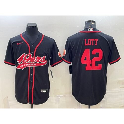 6861b024abaea_1 Men's San Francisco 49ers #42 Ronnie Lott Black With Patch Cool Base Stitched Baseball Jersey