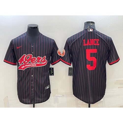 6861b02ac760b_1 Men's San Francisco 49ers #5 Trey Lance Black With Patch Cool Base Stitched Baseball Jersey