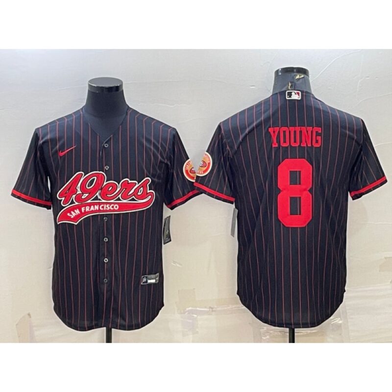 6861b03403dd1_1 Men's San Francisco 49ers #8 Steve Young Black With Patch Cool Base Stitched Baseball Jersey