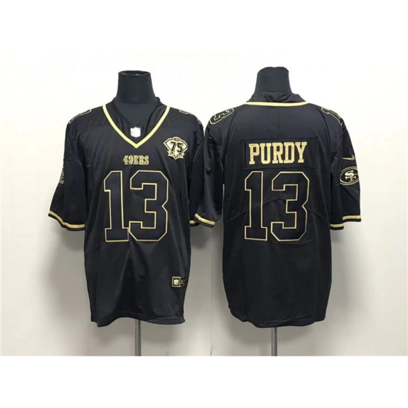 6861b08568993_1 Men's San Francisco 49ers #13 Brock Purdy Black Gold With 75th Anniversary Patch Stitched Jersey
