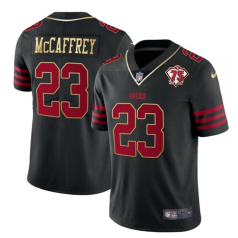 6861b0943c401_1 Men's San Francisco 49ers #23 Christian McCaffrey Black With 75th Anniversary Patch Stitched Jersey