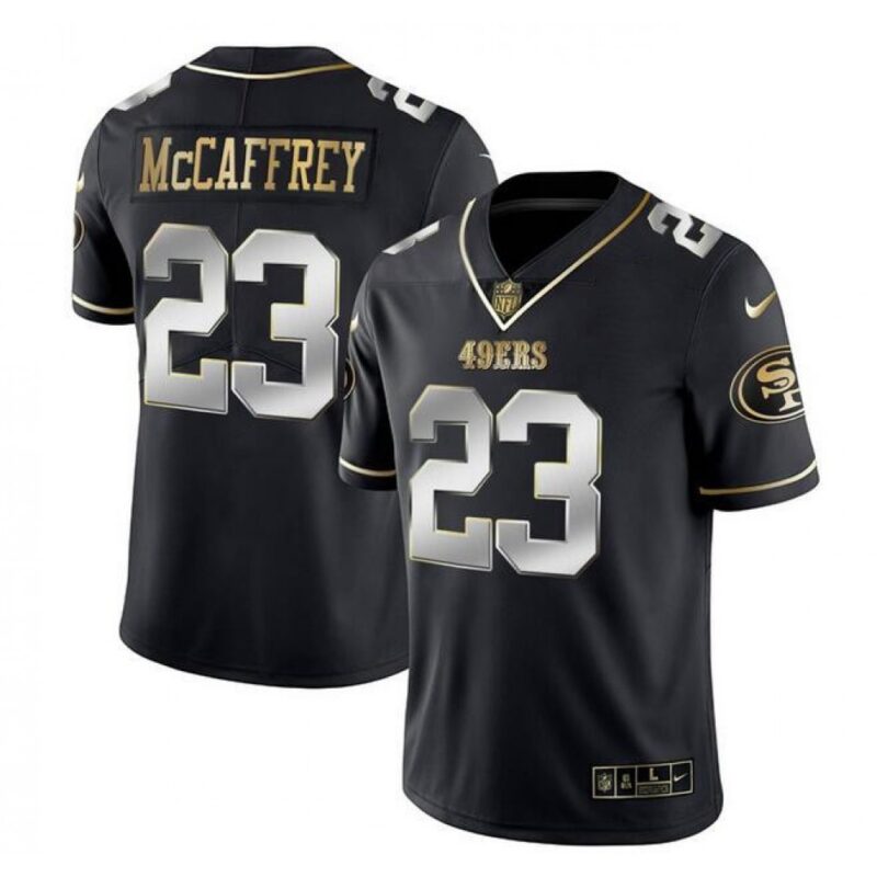 6861b097820e9_1 Men's San Francisco 49ers #23 Christian McCaffrey Black Gold Stitched Jersey
