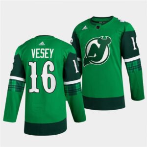 6861b097dee7d_1 Men's New Jersey Devils #16 Jimmy Vesey Green Warm-Up St Patricks Day Stitched Jersey
