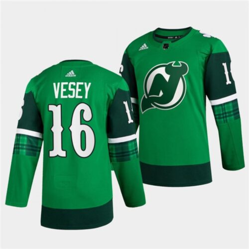 6861b097dee7d_1 Men's New Jersey Devils #16 Jimmy Vesey Green Warm-Up St Patricks Day Stitched Jersey