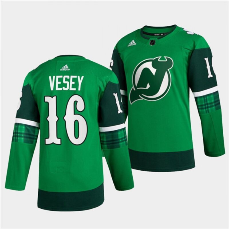 6861b097dee7d_1 Men's New Jersey Devils #16 Jimmy Vesey Green Warm-Up St Patricks Day Stitched Jersey
