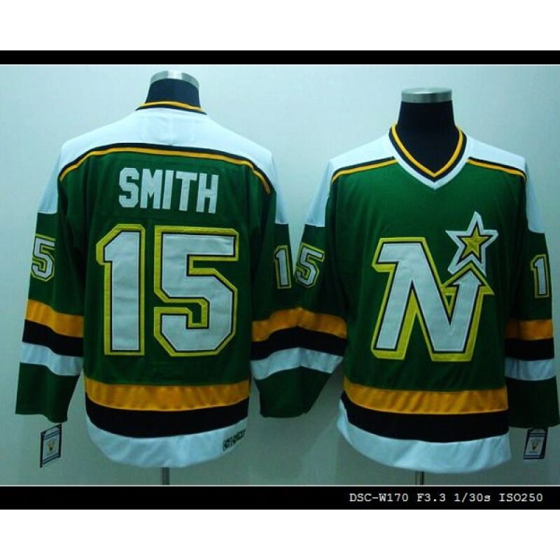 6861b12a8151f_1 Stars #15 Bobby Smith Stitched Green CCM Throwback NHL Jersey