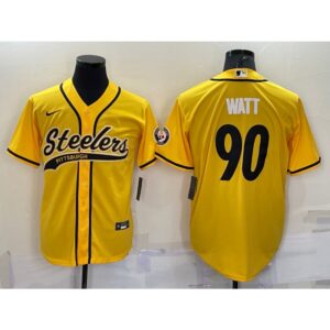 6861b18888167_1 Men's Pittsburgh Steelers #90 T.J. Watt Yellow With Patch Cool Base Stitched Baseball Jersey