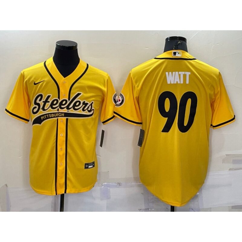 6861b18888167_1 Men's Pittsburgh Steelers #90 T.J. Watt Yellow With Patch Cool Base Stitched Baseball Jersey