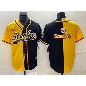 6861b18badf4b_1 Men's Pittsburgh Steelers Yellow Black Split Team Big Logo Cool Base Stitched Baseball Jersey
