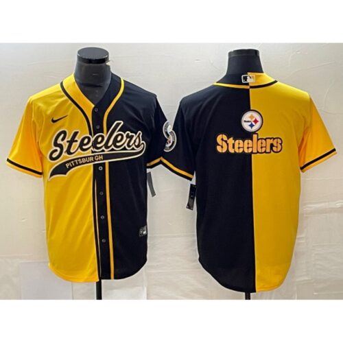 6861b18badf4b_1 Men's Pittsburgh Steelers Yellow Black Split Team Big Logo Cool Base Stitched Baseball Jersey