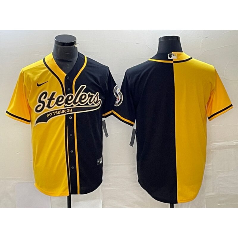 6861b18e96ba7_1 Men's Pittsburgh Steelers Blank Yellow Black Split Cool Base Stitched Baseball Jersey