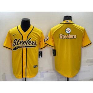 6861b191902d1_1 Men's Pittsburgh Steelers Yellow Team Big Logo With Patch Cool Base Stitched Baseball Jersey