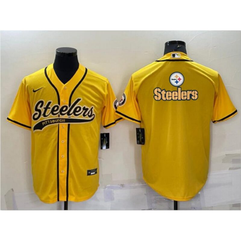 6861b191902d1_1 Men's Pittsburgh Steelers Yellow Team Big Logo With Patch Cool Base Stitched Baseball Jersey