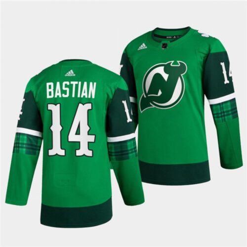 6861b1ac849c2_1 Men's New Jersey Devils #14 Nathan Bastian Green Warm-Up St Patricks Day Stitched Jersey