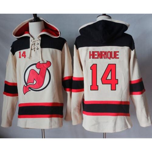 6861b1b344cde_1 Devils #14 Adam Henrique Cream Sawyer Hooded Sweatshirt Stitched NHL Jersey