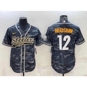 6861b1e79824d_1 Men's Pittsburgh Steelers #12 Terry Bradshaw Grey/Navy Camo With Patch Cool Base Stitched Baseball Jersey