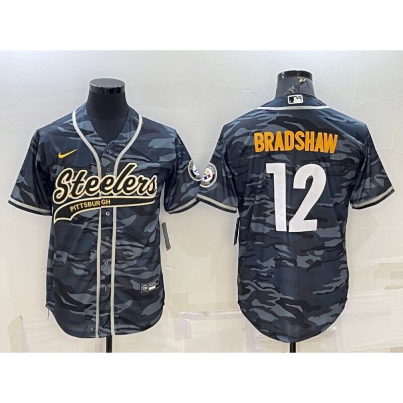 6861b1e79824d_1 Men's Pittsburgh Steelers #12 Terry Bradshaw Grey/Navy Camo With Patch Cool Base Stitched Baseball Jersey