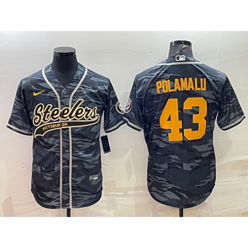 6861b1ea7c4e5_1 Men's Pittsburgh Steelers #43 Troy Polamalu Grey/Navy Camo With Patch Cool Base Stitched Baseball Jersey