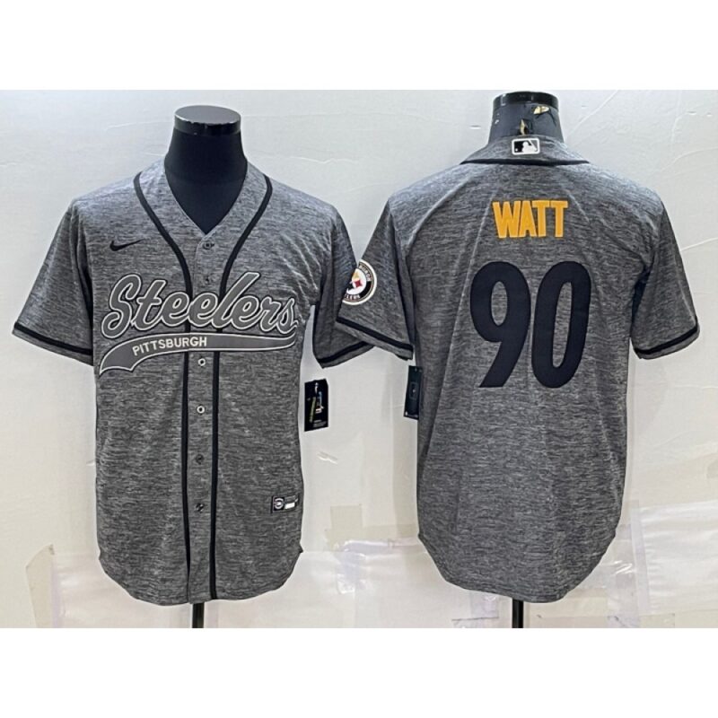 6861b1ed8f849_1 Men's Pittsburgh Steelers #90 T.J. Watt Grey With Patch Cool Base Stitched Baseball Jersey