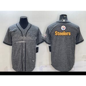 6861b1f398251_1 Men's Pittsburgh Steelers Grey Team Big Logo With Patch Cool Base Stitched Baseball Jersey