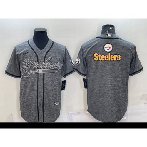 6861b1f398251_1 Men's Pittsburgh Steelers Grey Team Big Logo With Patch Cool Base Stitched Baseball Jersey