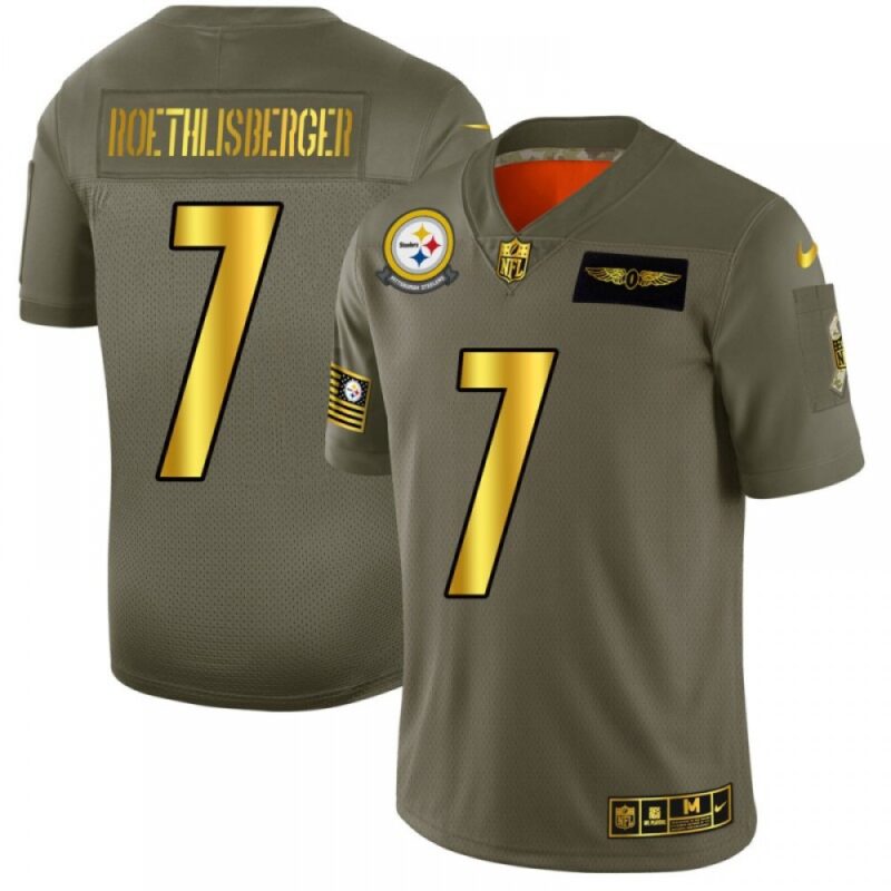 6861b25cb62bc_1 Men's Pittsburgh Steelers #7 Ben Roethlisberger 2019 Olive/Gold Salute To Service Limited Stitched NFL Jersey
