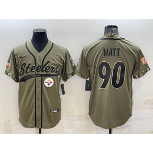 6861b2805bdae_1 Men's Pittsburgh Steelers #90 T.J. Watt Olive 2022 Salute to Service Cool Base Stitched Baseball Jersey