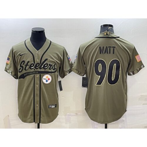 6861b2805bdae_1 Men's Pittsburgh Steelers #90 T.J. Watt Olive 2022 Salute to Service Cool Base Stitched Baseball Jersey