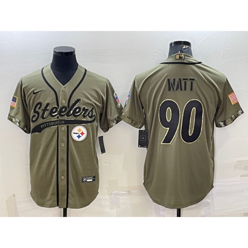 6861b2805bdae_1 Men's Pittsburgh Steelers #90 T.J. Watt Olive 2022 Salute to Service Cool Base Stitched Baseball Jersey