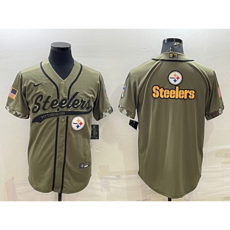 6861b283879bc_1 Men's Pittsburgh Steelers Blank Olive Salute to Service Team Big Logo Cool Base Stitched Baseball Jersey