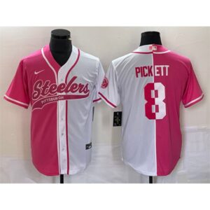 6861b2c78be6a_1 Men's Pittsburgh Steelers #8 Kenny Pickett White Pink Split Cool Base Stitched Baseball Jersey