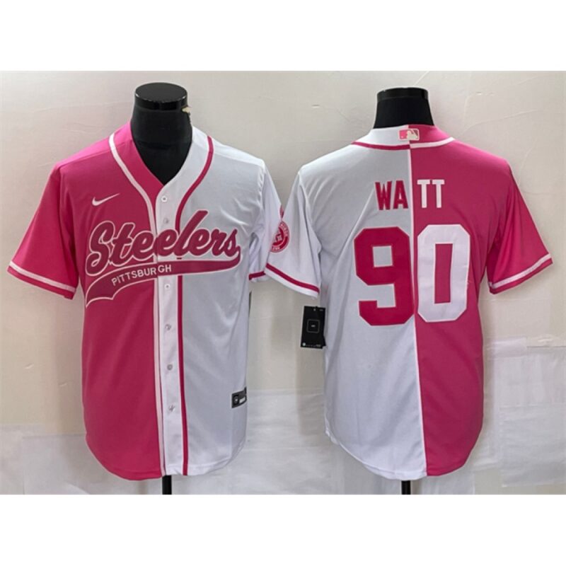 6861b2cdb9ec3_1 Men's Pittsburgh Steelers #90 T.J. Watt White Pink Split Cool Base Stitched Baseball Jersey