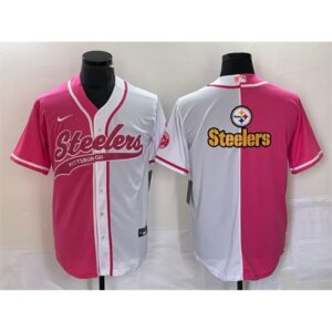 6861b2d39e7ad_1 Men's Pittsburgh Steelers White Pink Split Team Big Logo Cool Base Stitched Baseball Jersey