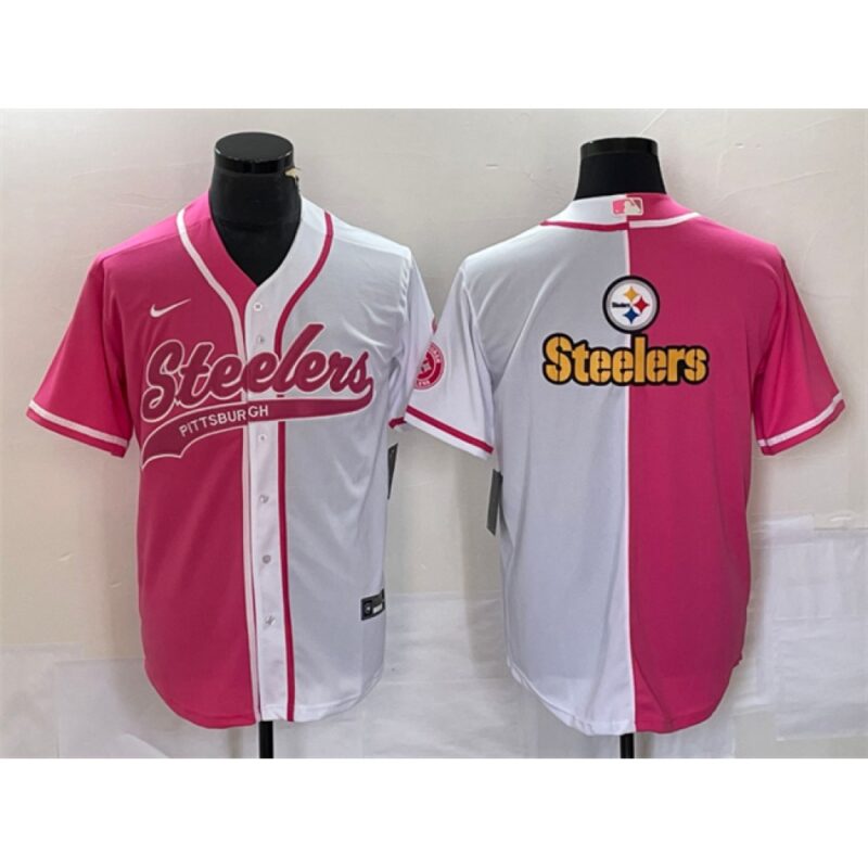 6861b2d39e7ad_1 Men's Pittsburgh Steelers White Pink Split Team Big Logo Cool Base Stitched Baseball Jersey
