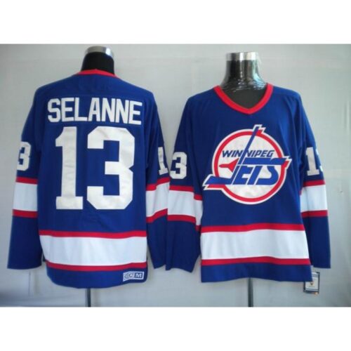 6861b354b4f40_1 Jets #13 Teemu Selanne Stitched Blue CCM Throwback NHL Jersey