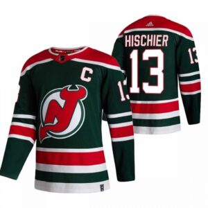 6861b3a98bf40_1 Men's New Jersey Devils #13 Nico Hischier 2021 Green Reverse Retro Stitched NHL Jersey