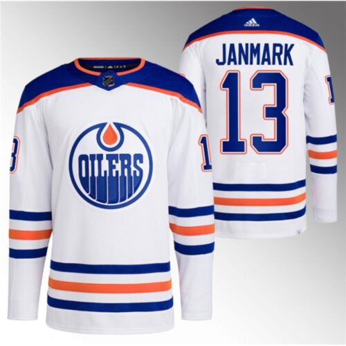 6861b3fb41a28_1 Men's Edmonton Oilers #13 Mattias Janmark White Stitched Jersey