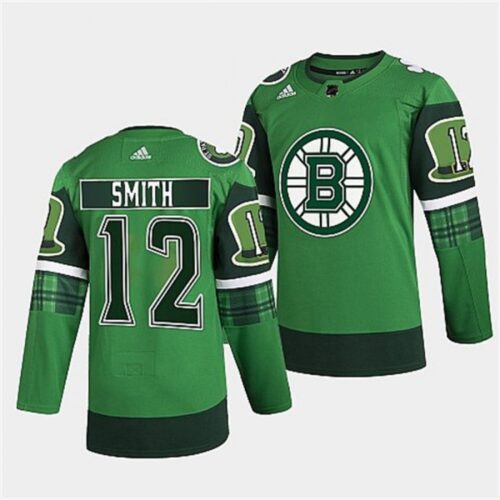 6861b4a103b81_1 Men's Boston Bruins #12 Craig Smith 2022 Green St Patricks Day Warm-Up Stitched Jersey