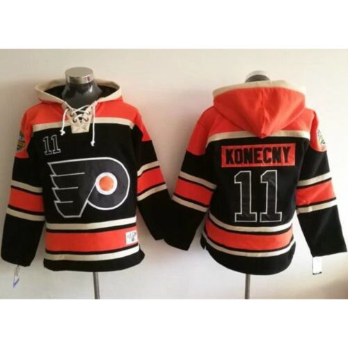 6861b5445818f_1 Flyers #11 Travis Konecny Black Sawyer Hooded Sweatshirt Stitched NHL Jersey