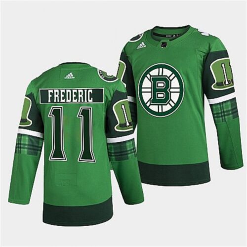 6861b597ae533_1 Men's Boston Bruins #11 Trent Frederic 2022 Green St Patricks Day Warm-Up Stitched Jersey