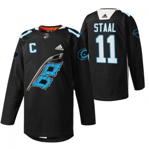 6861b5b561099_1 Men's Carolina Hurricanes #11 Jordan Staal 2022 Black Warm-up Stitched Jersey