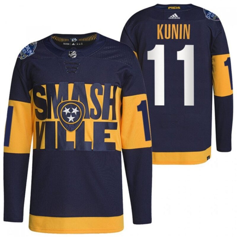 6861b62a53769_1 Men's Nashville Predators #11 Luke Kunin 2022 Navy Stadium Series Breakaway Player Stitched Jersey