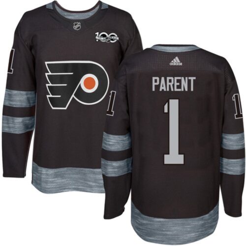 6861b842d8afa_1 Flyers #1 Bernie Parent Black 1917-2017 100th Anniversary Stitched NHL Jersey