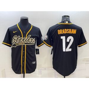 6861b8747857b_1 Men's Pittsburgh Steelers #12 Terry Bradshaw Black With Patch Cool Base Stitched Baseball Jersey