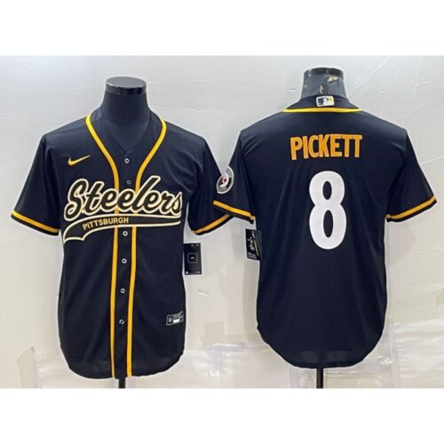 6861b891da07f_1 Men's Pittsburgh Steelers #8 Kenny Pickett Black With Patch Cool Base Stitched Baseball Jersey