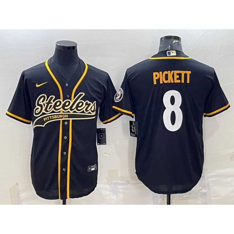 6861b891da07f_1 Men's Pittsburgh Steelers #8 Kenny Pickett Black With Patch Cool Base Stitched Baseball Jersey
