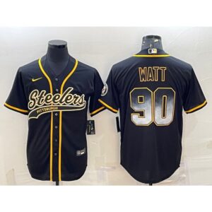6861b89537b01_1 Men's Pittsburgh Steelers #90 T.J. Watt Black Gold With Patch Cool Base Stitched Baseball Jersey