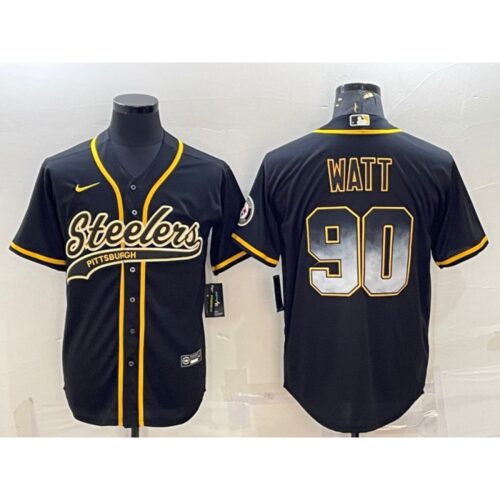 6861b89537b01_1 Men's Pittsburgh Steelers #90 T.J. Watt Black Gold With Patch Cool Base Stitched Baseball Jersey